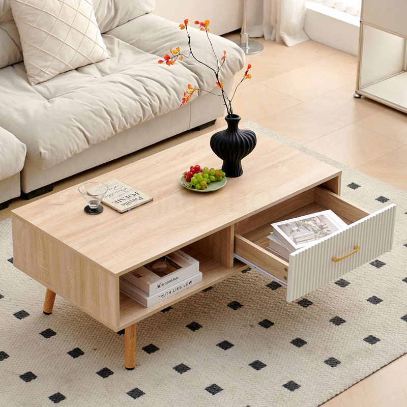 Table basse rectangulaire avec pieds coulissants en bois massif et tiroir pour table de rangement moderne