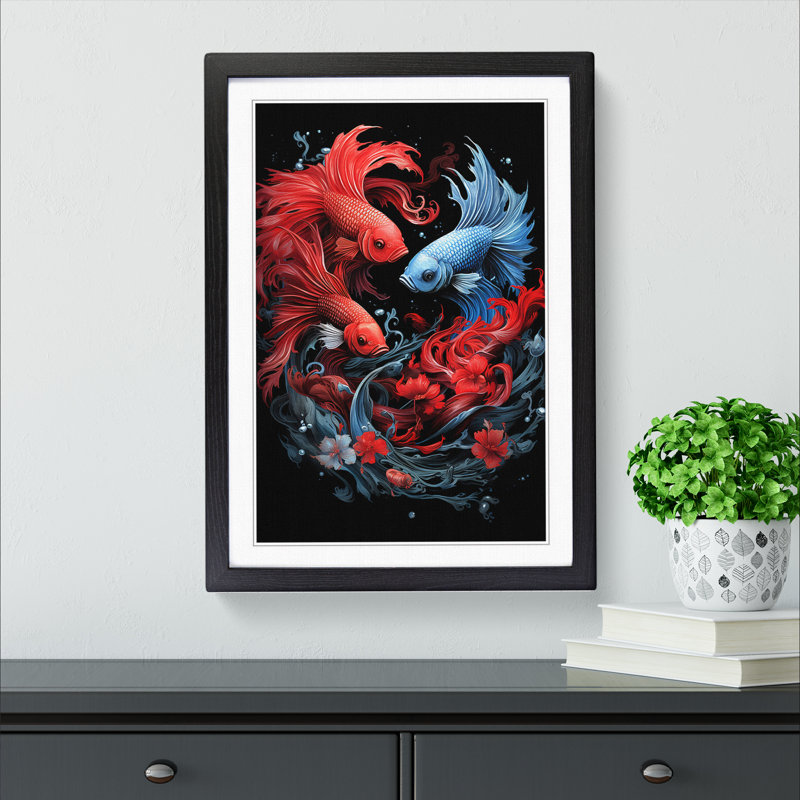 Siamese Fighting Fish Gothic No.2 - Single Picture Frame Print on Wood, 64cm H x 46cm W x 2cm D, Black