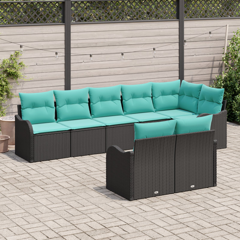 vidaXL Garden Sofa Set Black Poly Rattan, Black Frame/Blue Cushion