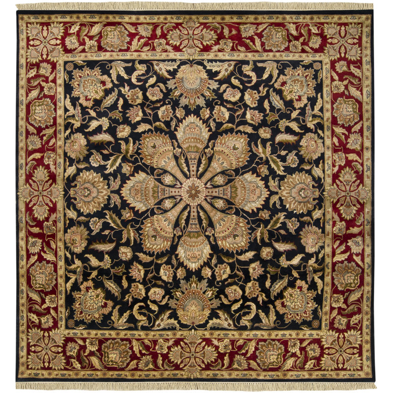Tapis brun / rouge en laine noué à la main Barlett, Carré 8 pi