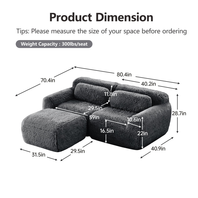L-Shaped Boneless Sofa,Soft Fluffy Plush Fabric,With 32D High Density Sponge,No Assembly Required,Ergonomic Design Bottom Anti-Slip Design,Fits Living Room