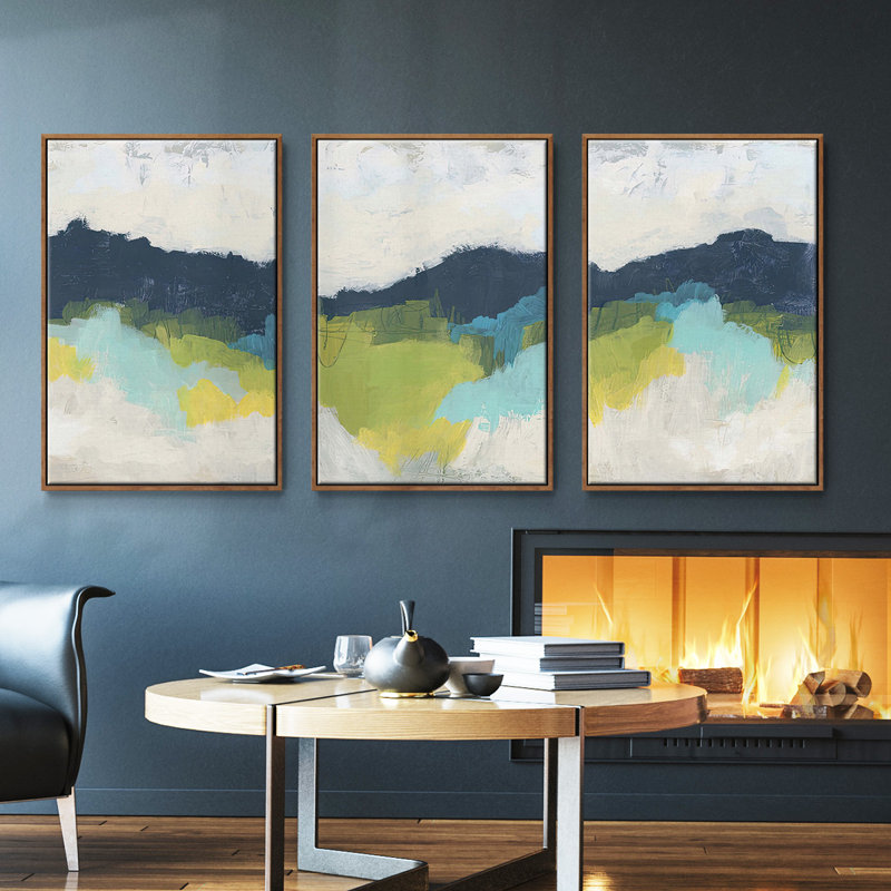 «Mountains In The Mist I», ensemble de 3 toiles encadrées, H 36 po x l 72 po, Argent