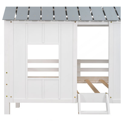 Twin Size Low Loft House Bed With Roof And Two Front Windows , White