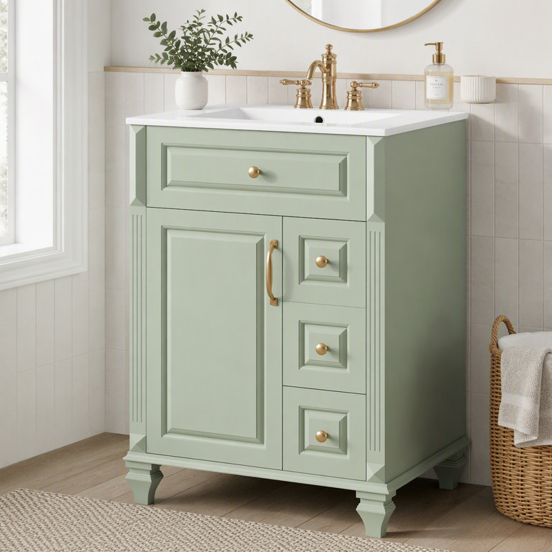 Meuble-lavabo de salle de bain de 24 pouces avec tiroir rabattable et 3 tiroirs, Vert