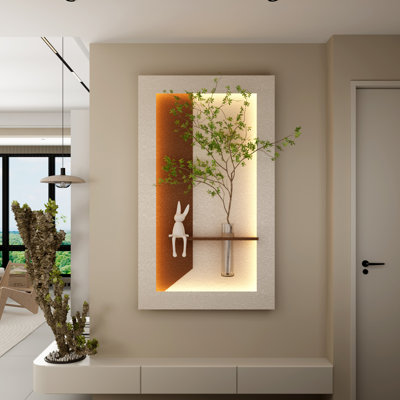 3D Wall Art Decor With Adjustable 3 - Color Led, Simulated Plants, Glass Vase, Rabbit Statue And Remote Controlled Lighting For Hallway Made Of , Quick Installation, Diy Hydroponics Sculpture,