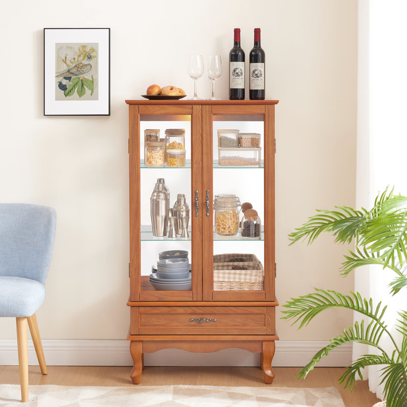 Armoire contemporaine éclairée avec 2 portes, 1 tiroir et tablettes réglables - tiroir à vin gracieux en bois de chêne, tablettes