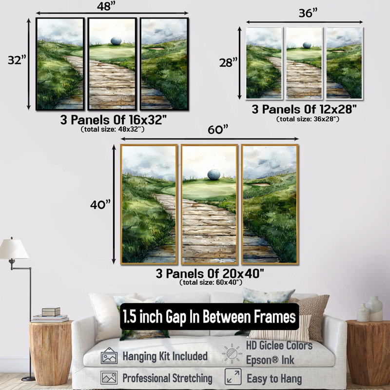 «Greens and Dreams», terrain de golf paysage IV - art mural grand golf - 3 panneaux, H 28 po x l 36 po, Argent argent