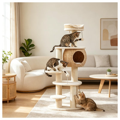 52-Inch Multi-Level Cat Tree with Handwoven Cattail Condo, Plush Perches, and Sisal Scratching Posts