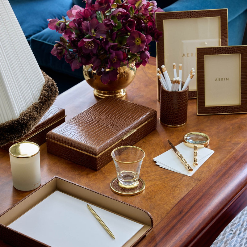 Classic Croc Leather Paper Tray, Fawn, Chestnut