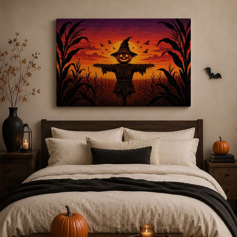 Épouvantail citrouille dans un champ de maïs au coucher du soleil - Toile murale d'Halloween, H 24 po x l 36 po