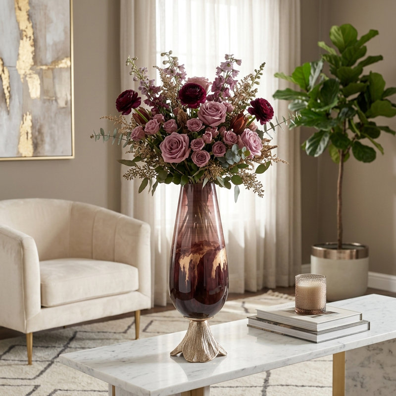 Abstract Glass Vase with Gold Accents, H 15 po x l 6 po x L 6 po
