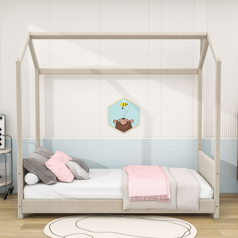 Lit plateforme tapissier avec tête de lit et pied de lit en velours Soquel, Beige, Simple