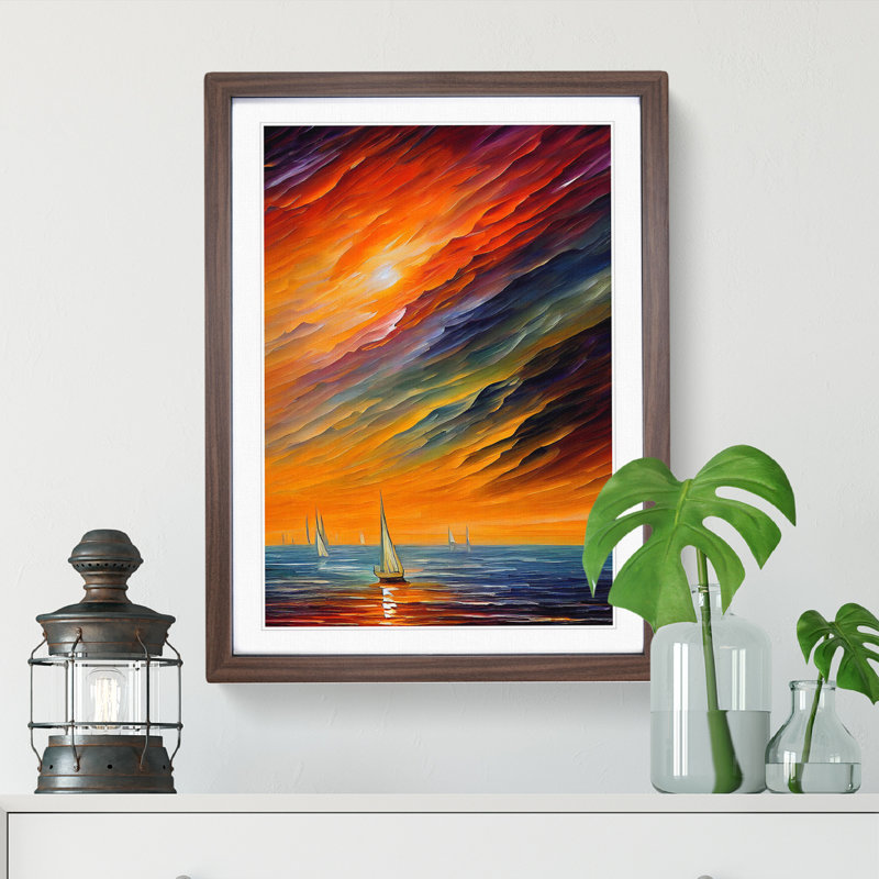 Boats Under The Sunset No.1 - Single Picture Frame Painting, 46cm H x 34cm W x 2cm D, Walnut