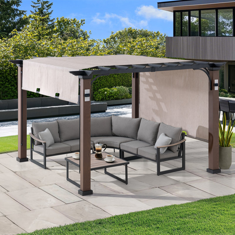 Pergola SUNJOY 11x11 en acier à effet bois par transfert thermique avec 4 lampes solaires, auvent coulissant et poteaux surdimensionnés
