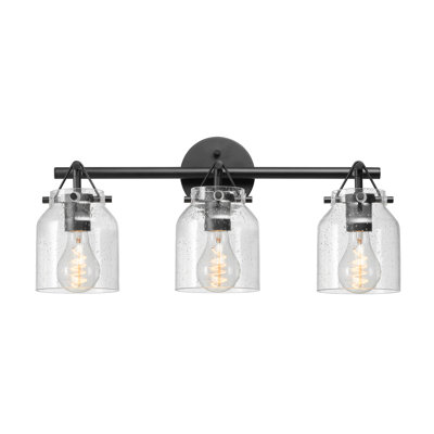5-Piece All-In-One Bathroom Accessory Set With 22" 3-Light Vanity Light, Matte Black, Seeded Glass Shades, Towel Bar, Robe Hook, Toilet Paper Holder, Towel Ring, Bath, Powder Room