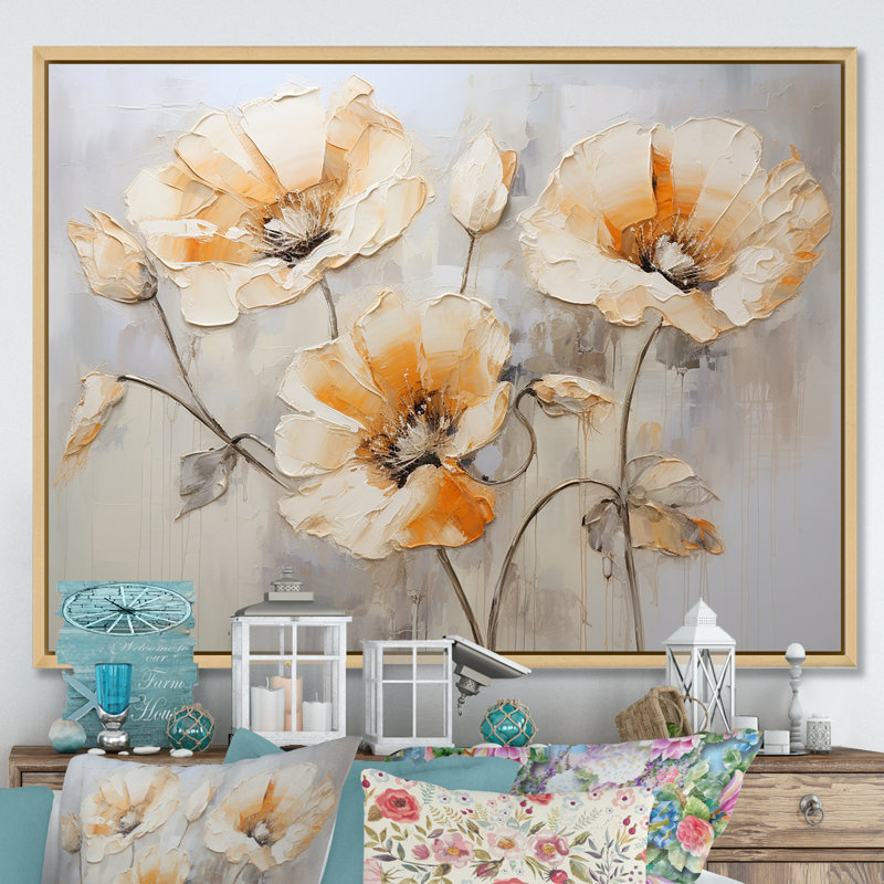 «Beige Poppy Meadow Melody VI» sur toile, Cadre naturel flottant, H 34 po x l 44 po