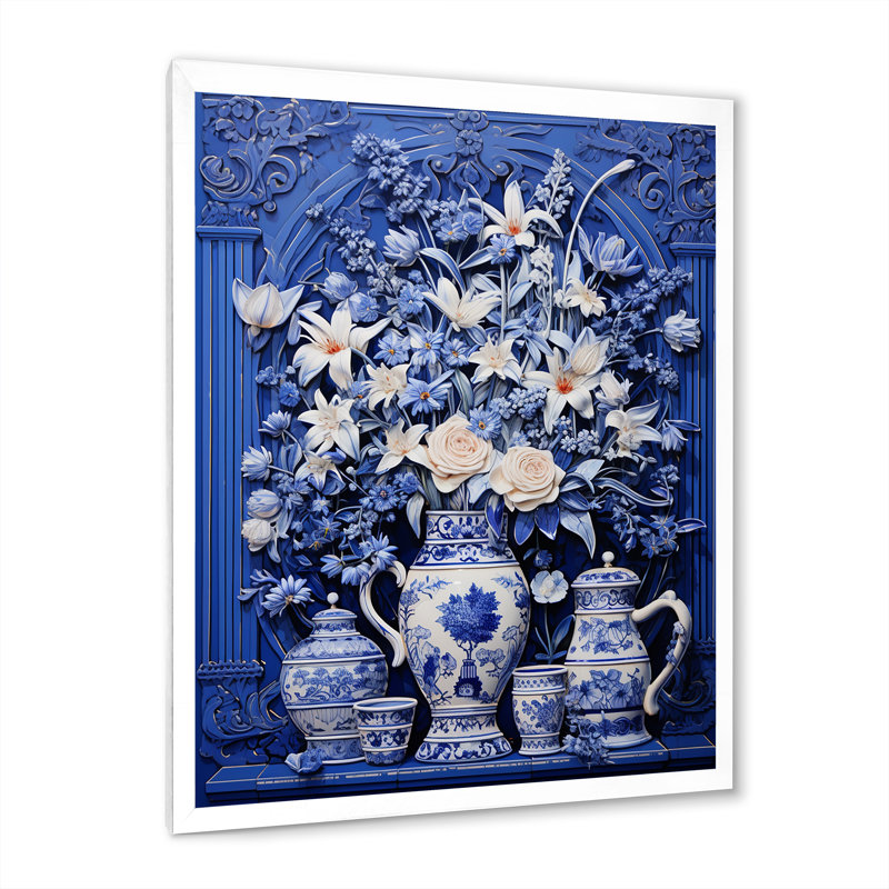 Bleu et blanc Boho Plant Pottery III - Boho Pottery, art mural, H 44 po x l 34 po x P 1,5 po, Cadre simple blanc