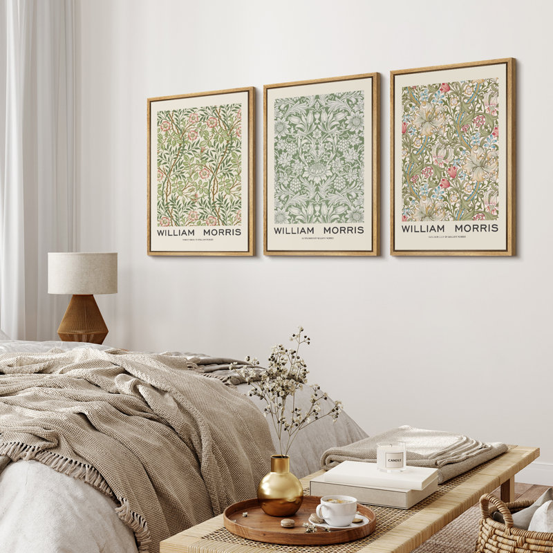 William Morris Geometric Floral Canvas Print Set in Natural Frame