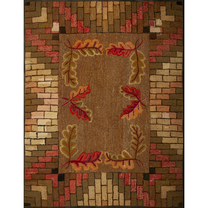 Antique Earthy Solid Open Field Layered Brick Design Border American Folk Art Hooked Rug