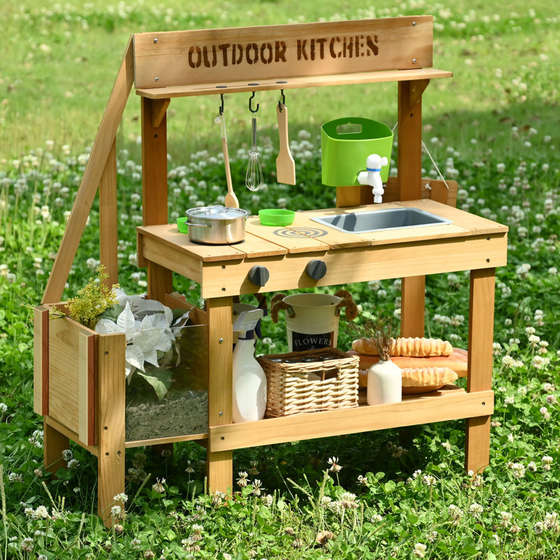 Mud Kitchen For Kids Outdoor, Wood Play Kitchen With Planter Box, Toddler Sink, Faucet, Blackboard, Water Cup And Accessories