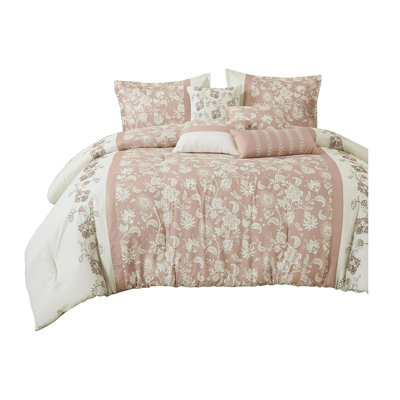 7 Piece Pink Floral Comforter Set Soft Bedding