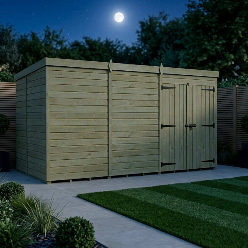 Total Sheds 16ft x 8ft Pent Garden Shed - Double Door - No Windows - Pressure Treated Timber - UK Manufactured