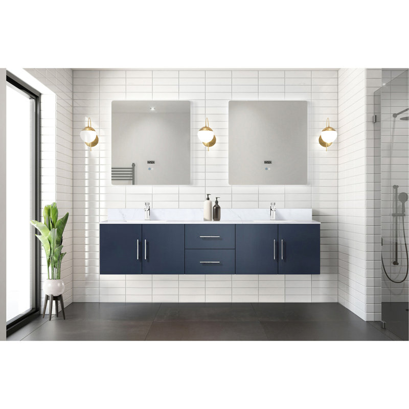 80 po Meuble-lavabo double bleu marine avec 30 miroirs à DEL - rangement spacieux et armoire élégante, Marine