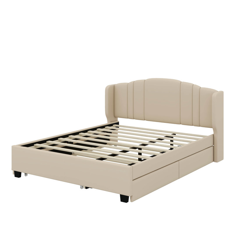 Grand lit plateforme tapissier avec tête de lit à oreilles, lit gigogne et tiroirs, Beige