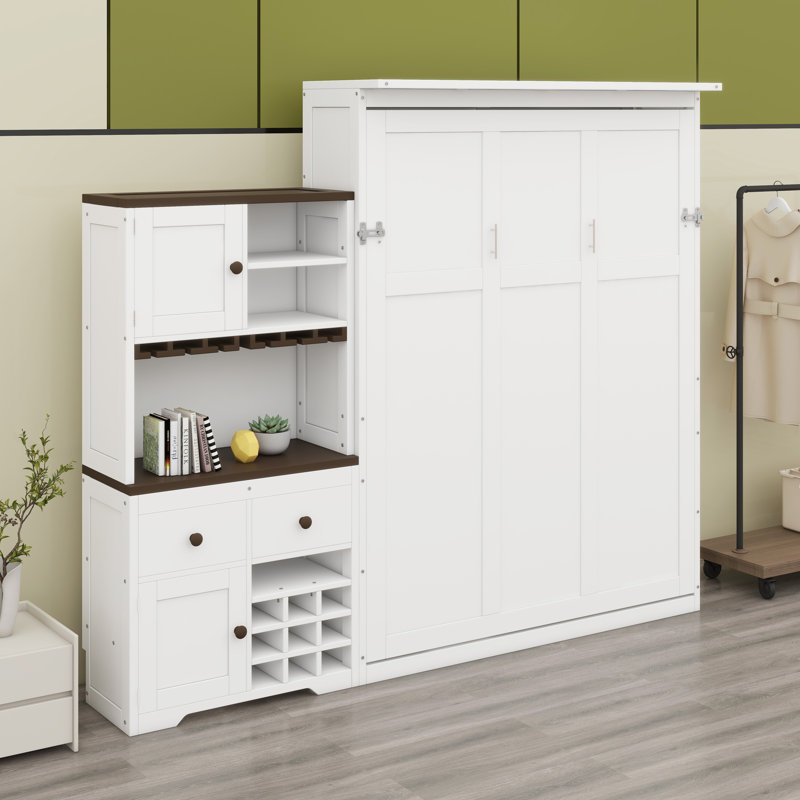 Lit escamotable avec système de rangement intégré, porte-bouteilles, porte-verres, tiroirs et bande d'éclairage à DEL, Blanc