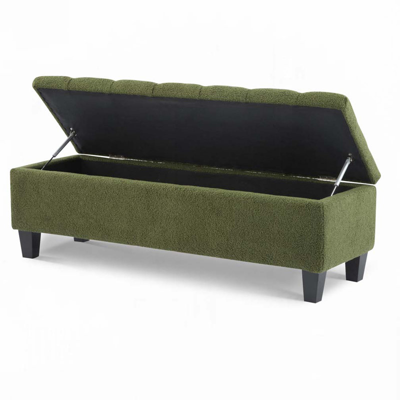 51 Inch Boucle Ottoman Bench with Storage, 300 LB Capacity, Rubber Wood Legs, Multi-Functional Footrest, Green