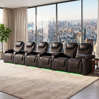 Siège de cinéma inclinable en cuir véritable avec éclairage ambiant à DEL 7 couleurs, appui-tête réglable, charge USB, porte-gobelets et console de rangement