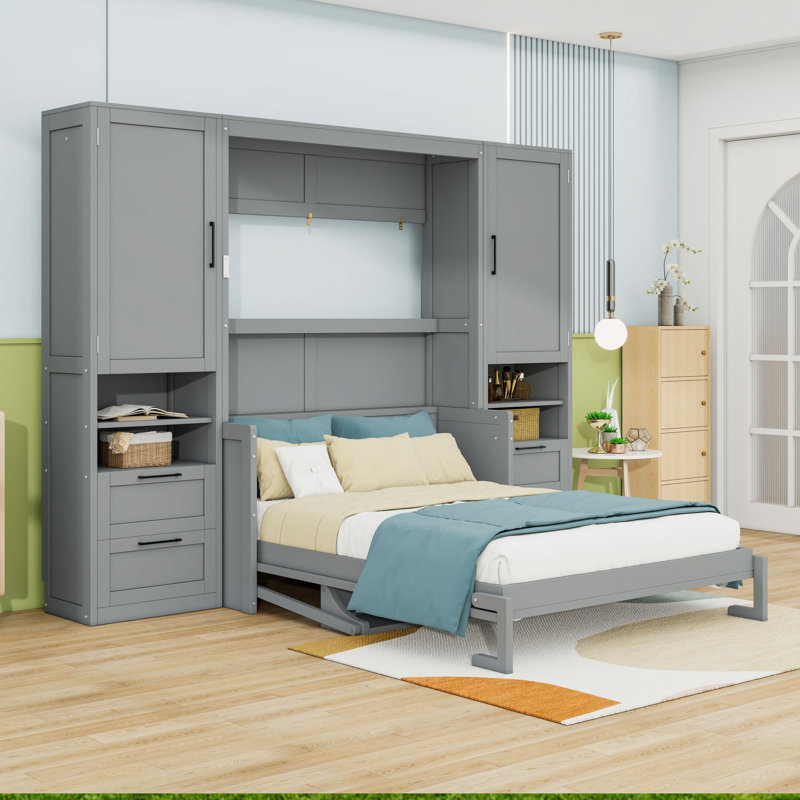 Lit escamotable double en bois avec quatre tiroirs, tablettes et placard, Gris