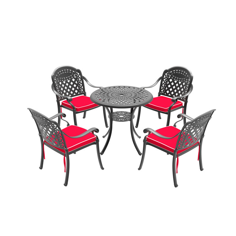5-Piece Set Of Cast Aluminum Patio Furniture With Black Frame And Red Seat Cushions, 4