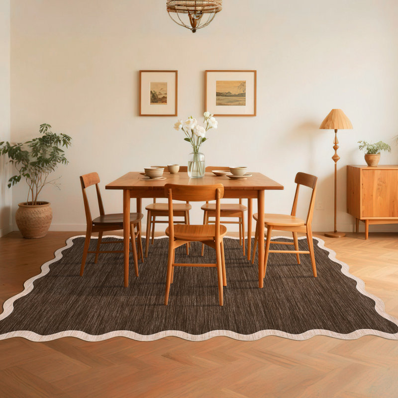 Scalloped Washable Rugs for Living Room Neutral Area Rugs Ultra-Thin Non Slip Large Bedroom Carpet Indoor Stain Resistant Contemporary Carpet for Dining Room Dorm