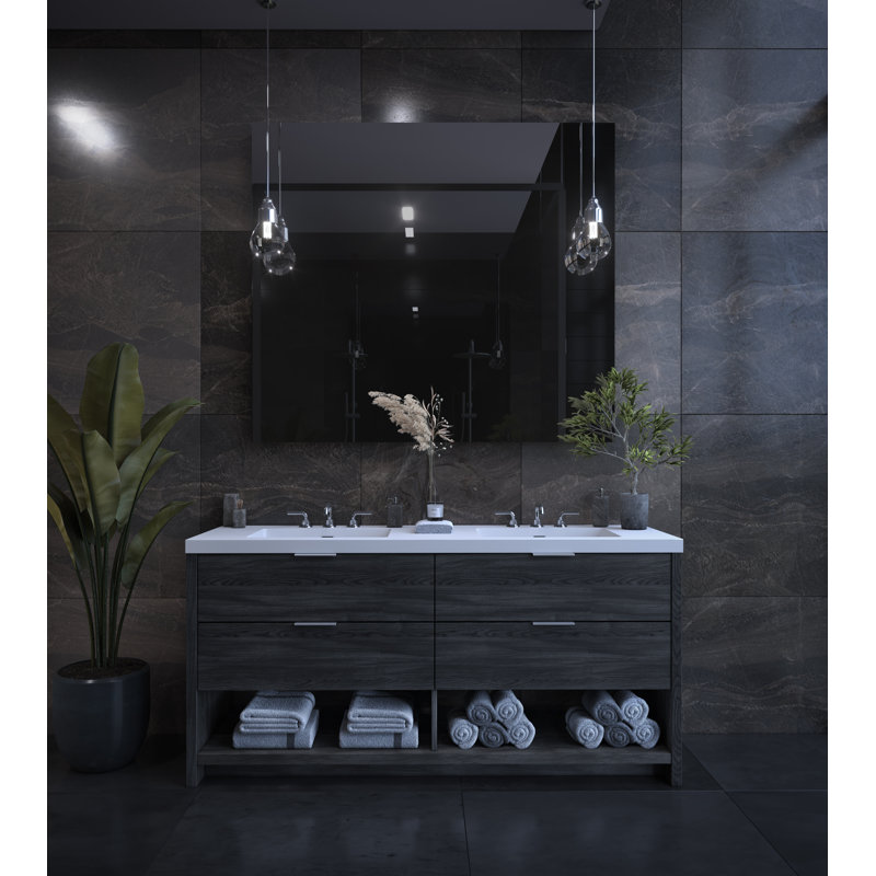 Vue 72" W Freestanding Double Bathroom Vanity, Charred, Polished Nickel, Matte White/8" Widespread