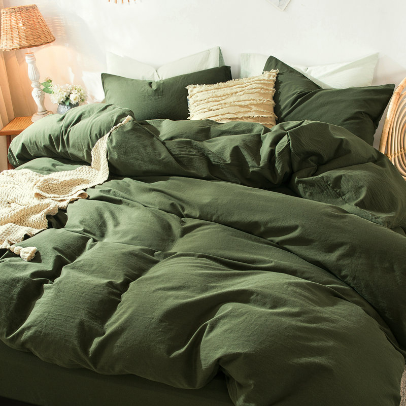 Olive Green Full Cotton Duvet Cover Set with Pillowcases