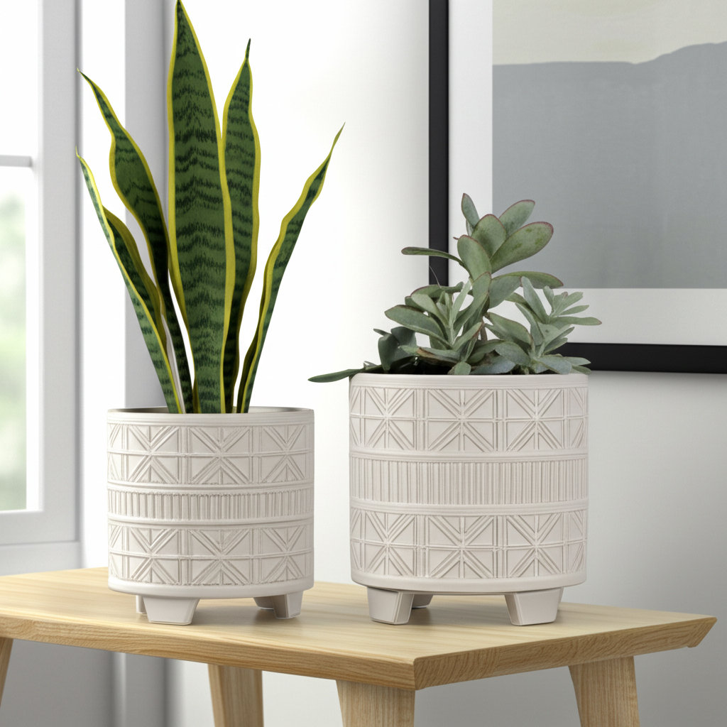 Sherri Ceramic Planters with Geometric Embossed Design, Set of 2 Union Rustic