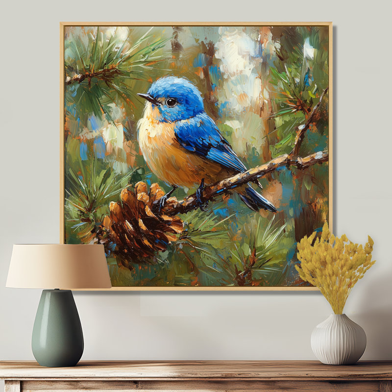 «Cheery Bluebird In The Pines II», art mural oiseau, Impression encadrée flottante, Crème, H 16 po x l 16 po