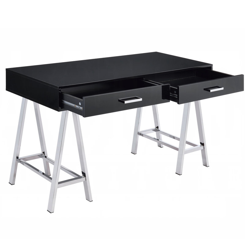 Bureau contemporain avec espace de travail contemporain avec 2 tiroirs, rectangulaire, noir brillant / base et tiroirs rectangulaires, finition brillante
