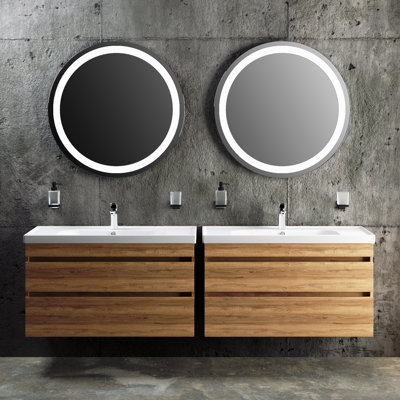 Modern Wall Mounted Bathroom Vanity With Washbasin | Niagara Teak Natural Collection | Non Toxic Fire Resistant MDF 64" |32+32| Simple Collection 32"