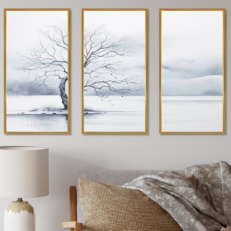 «Winters Tree Minimalisme I», ensemble d'art sur toile, Cadre flottant doré, H 32 po x l 48 po x P 1 po