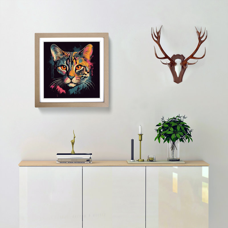 Cat Graphic Art No.1 - Framed Print, Oak