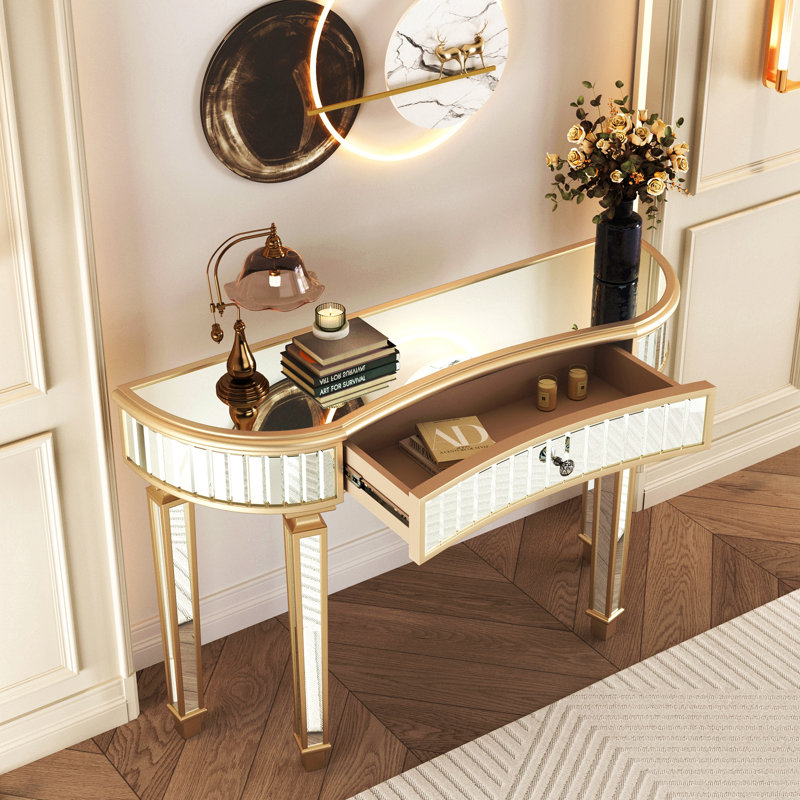 47" Half-Moon Mirrored Console Table With Fluted Glass & Crystal Knob Drawer, Golden/Silver