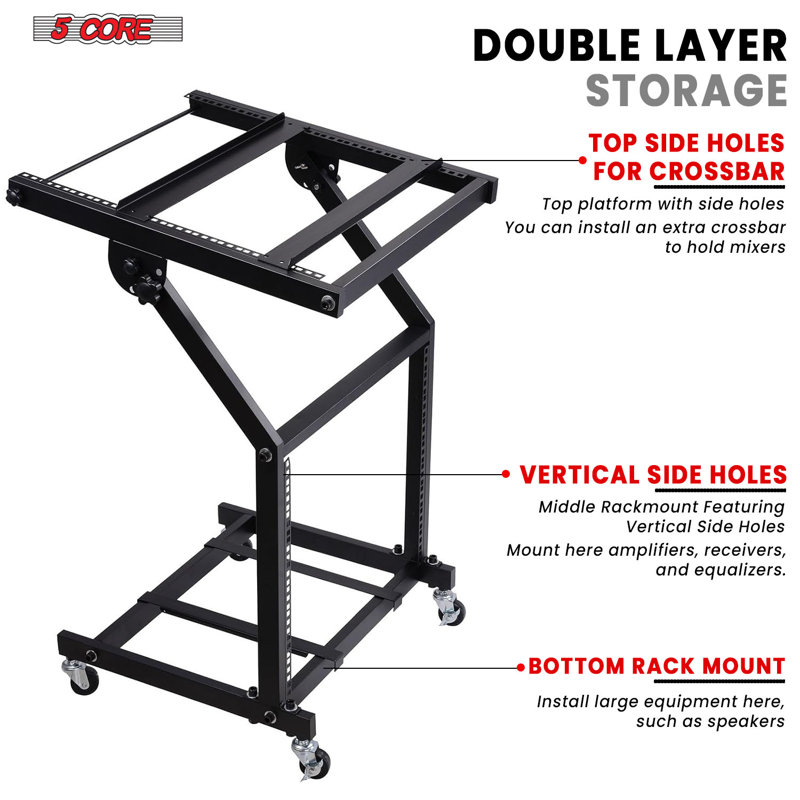 5 Core 9U Professional Audio Rack Mount DJ Mixer Stand Studio Adjustable Table Cart with Wheels