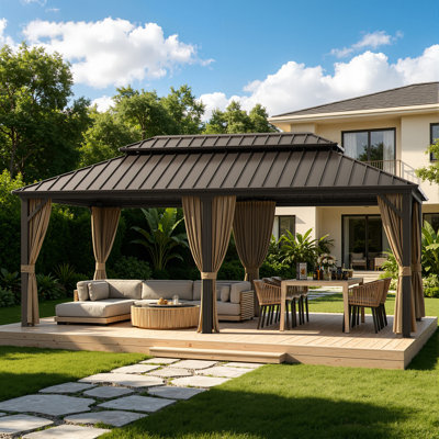 12 x 20ft Double-Roof Aluminum Outdoor Gazebo with Curtains and Mesh Screens, Weather Resistant Hardtop Gazebo for Patio, Garden & Backyard
