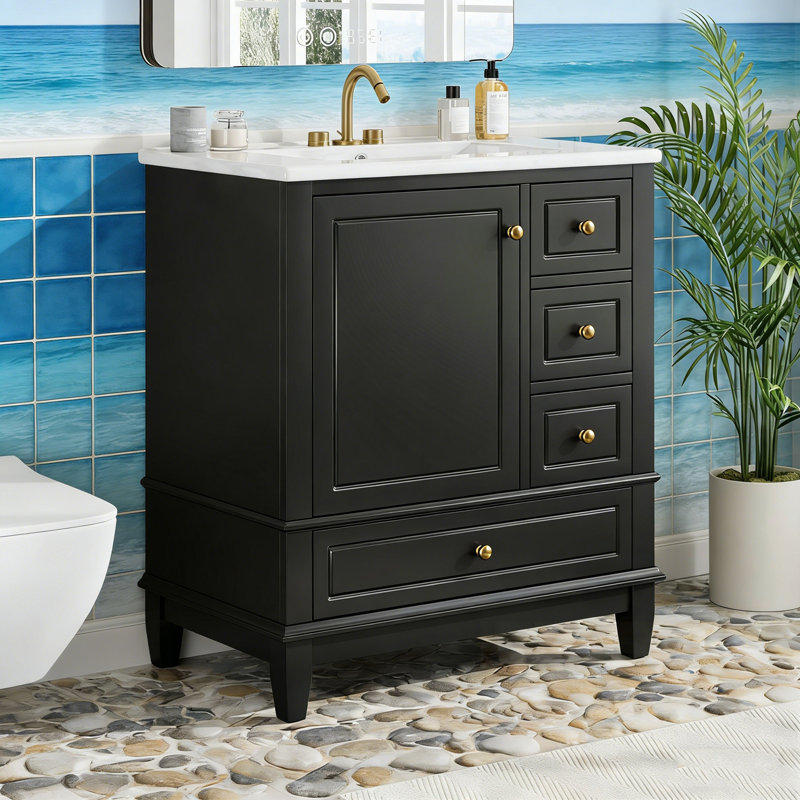 Meuble-lavabo avec lavabo, tablette et trois tiroirs, Noir
