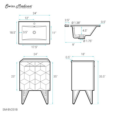 24 po Meuble-lavabo de salle de bain avec comptoir en céramique