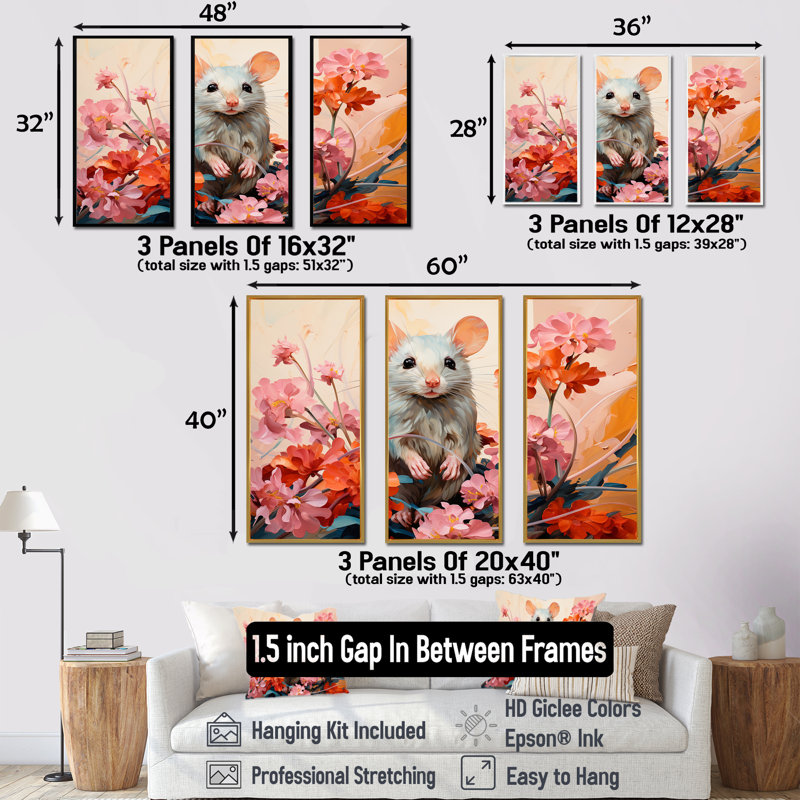 «Pink Curious Rat Blooms II - Mouse Animal», art mural, H 28 po x l 36 po, Cadre flottant noir