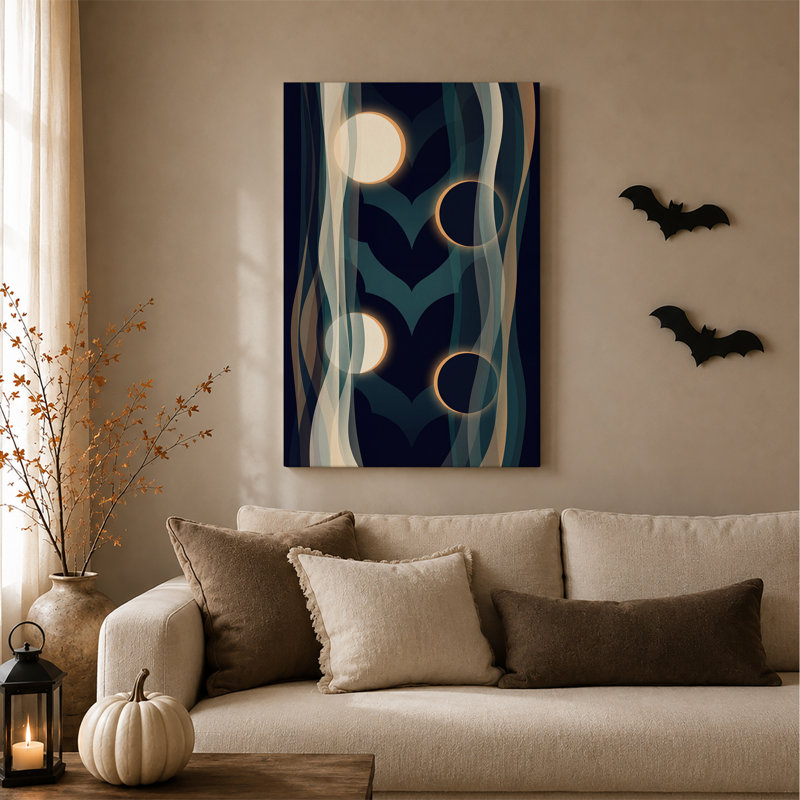 Toile murale d'Halloween : Vagues bleues et turquoise abstraites avec des cercles lumineux, 36"H x 24"W