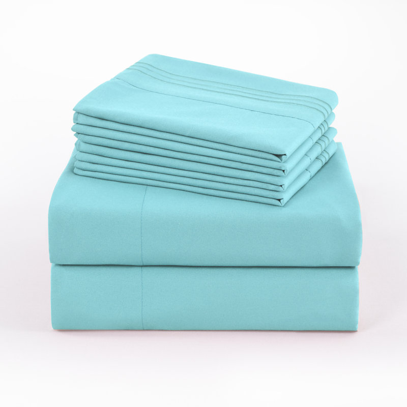 4/6 Pcs Soft Solid & Embroidery Bed Sheets Set, Aqua Blue, Full